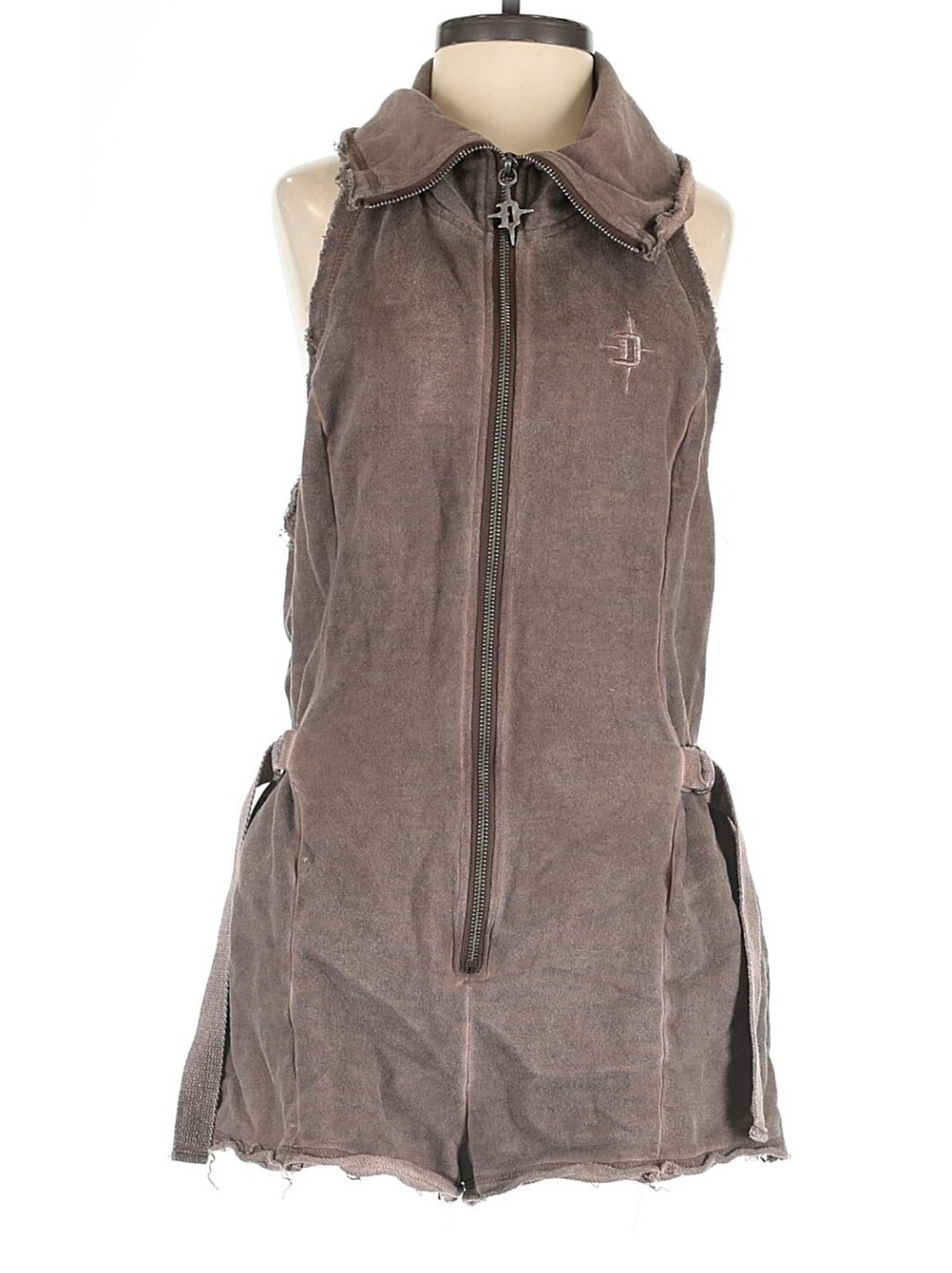 DARKER WAVS Brown Distressed Hooded Zip Front Romper Jumpsuit Size Medium